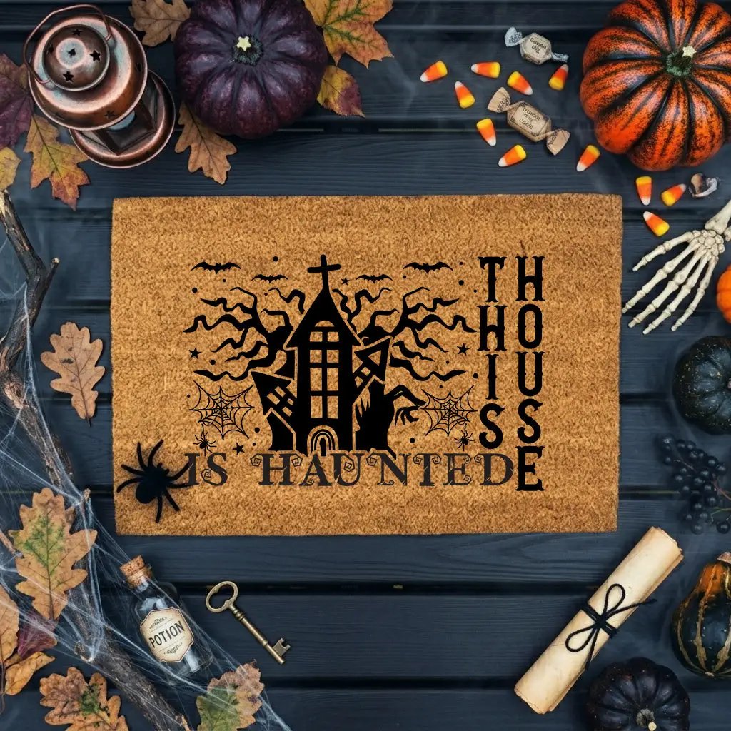 This House Is Haunted Coir Doormat – Haunted House Halloween Welcome Mat | Spooky Front Porch Decor | Rustic Fall Entryway Rug