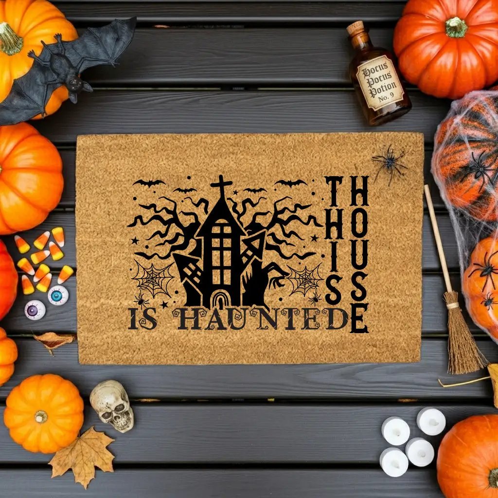 This House Is Haunted Coir Doormat – Haunted House Halloween Welcome Mat | Spooky Front Porch Decor | Rustic Fall Entryway Rug