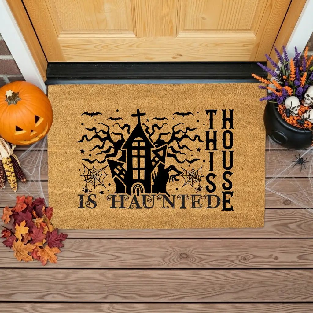 This House Is Haunted Coir Doormat – Haunted House Halloween Welcome Mat | Spooky Front Porch Decor | Rustic Fall Entryway Rug