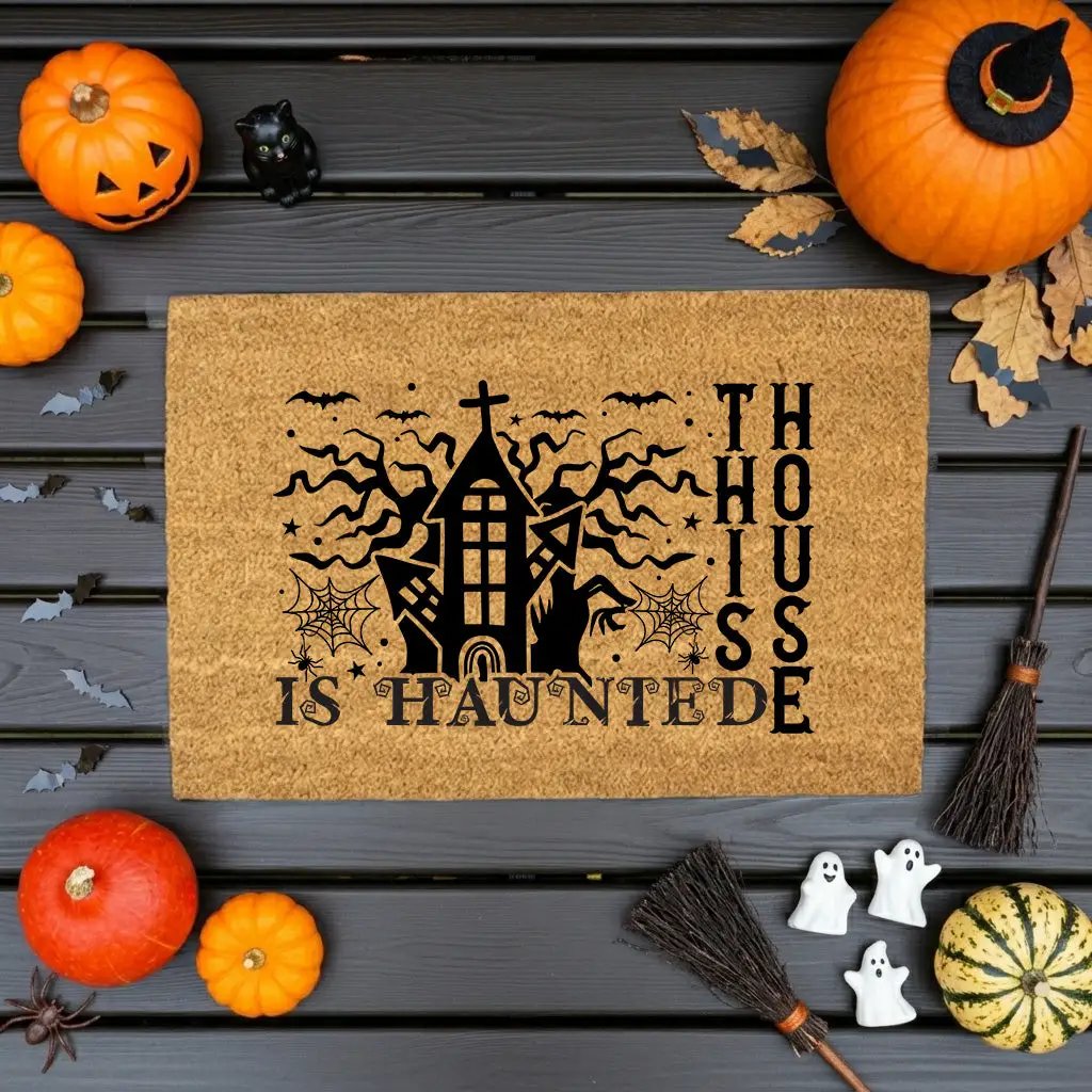 This House Is Haunted Coir Doormat – Haunted House Halloween Welcome Mat | Spooky Front Porch Decor | Rustic Fall Entryway Rug