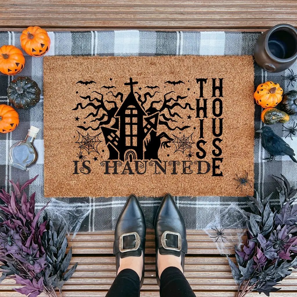 This House Is Haunted Coir Doormat – Haunted House Halloween Welcome Mat | Spooky Front Porch Decor | Rustic Fall Entryway Rug