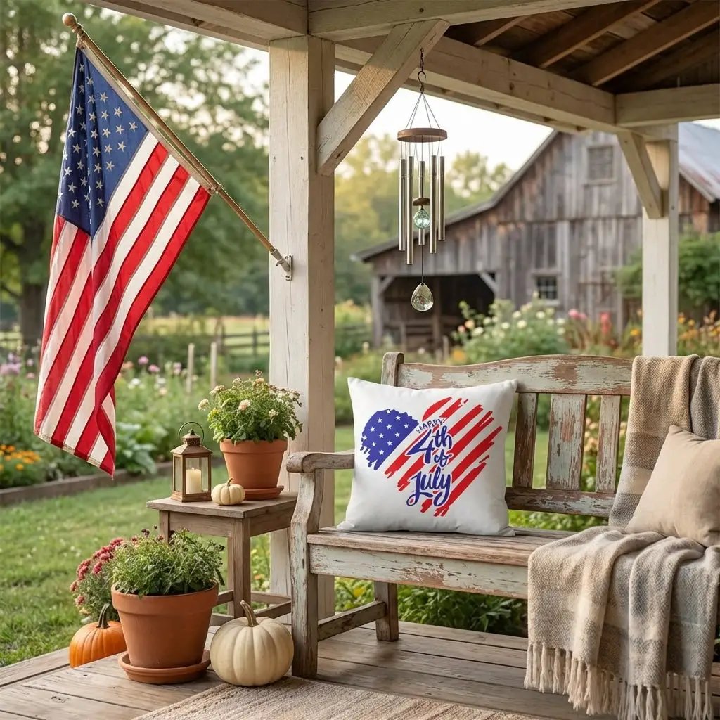 July 4th Heart USA Pillow – Patriotic Throw Pillow – Independence Day Decor – Red White Blue Indoor Outdoor Cushion – Americana Porch Decor