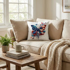 Patriotic Butterfly Pillow – American Flag Butterfly Throw Pillow – Red White Blue Floral Cushion – 4th of July Home Decor