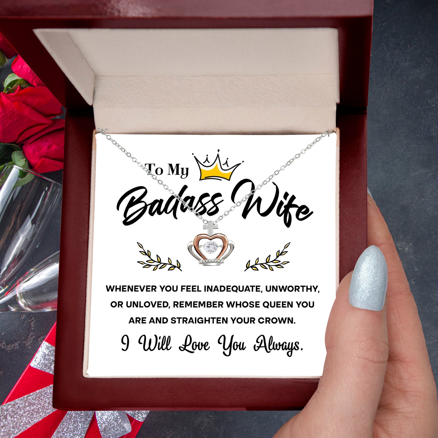 To My Badass Wife – Crown Pendant Necklace Gift for the Queen of My Heart - Mallard Moon Gift Shop