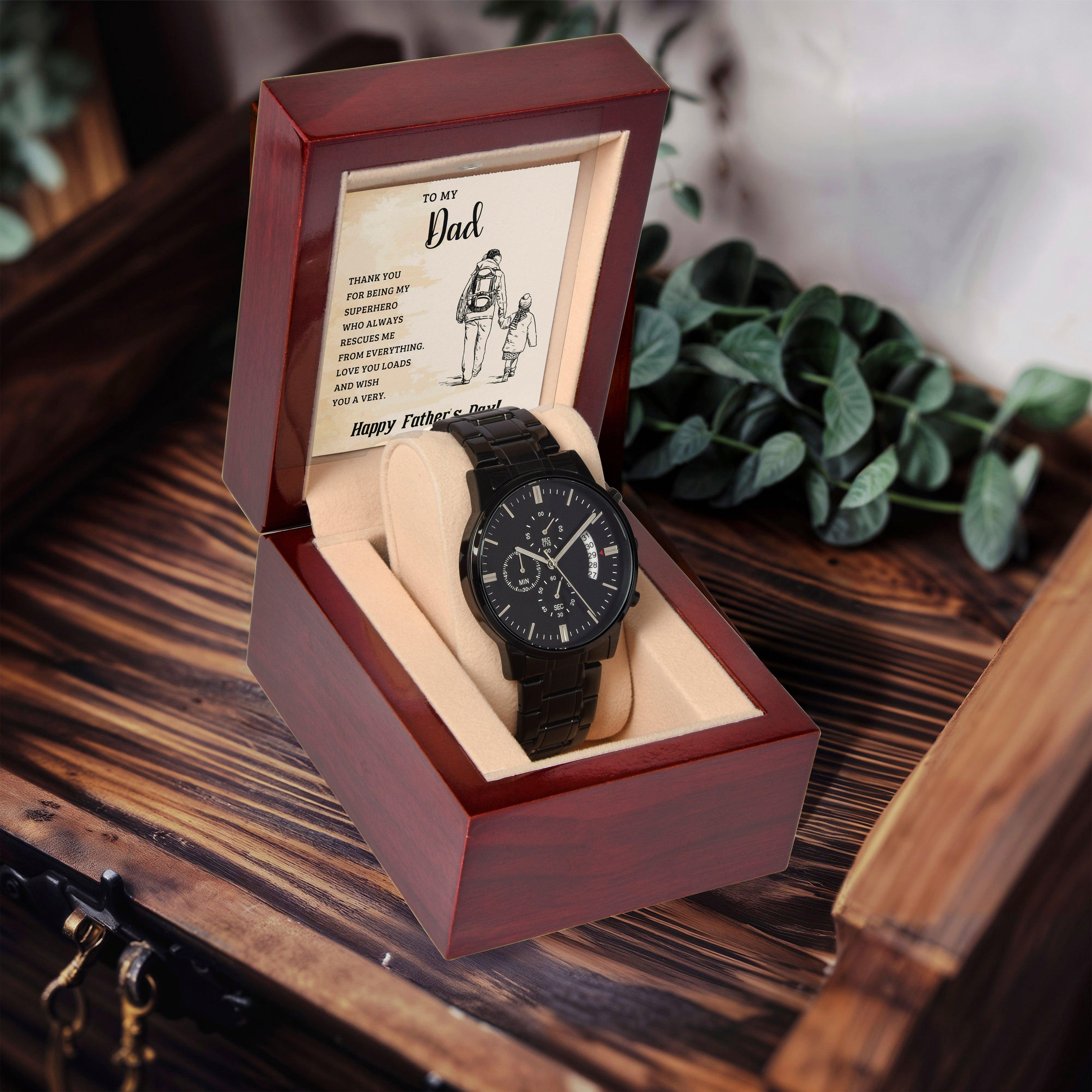 To My Dad My Superhero Black Chronograph Watch - Mallard Moon Gift Shop