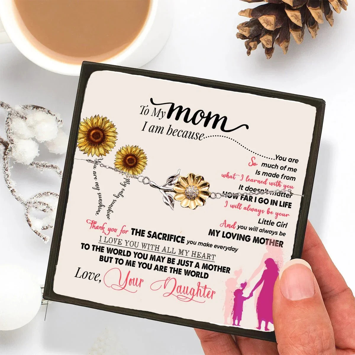 Sunflower Bracelet for Mom from Daughter –You Are The World - Sterling Silver with 18K Gold-Plated Petals – Sentimental Mother’s Day, Birthday, or Christmas Gift with Heartfelt Message Card