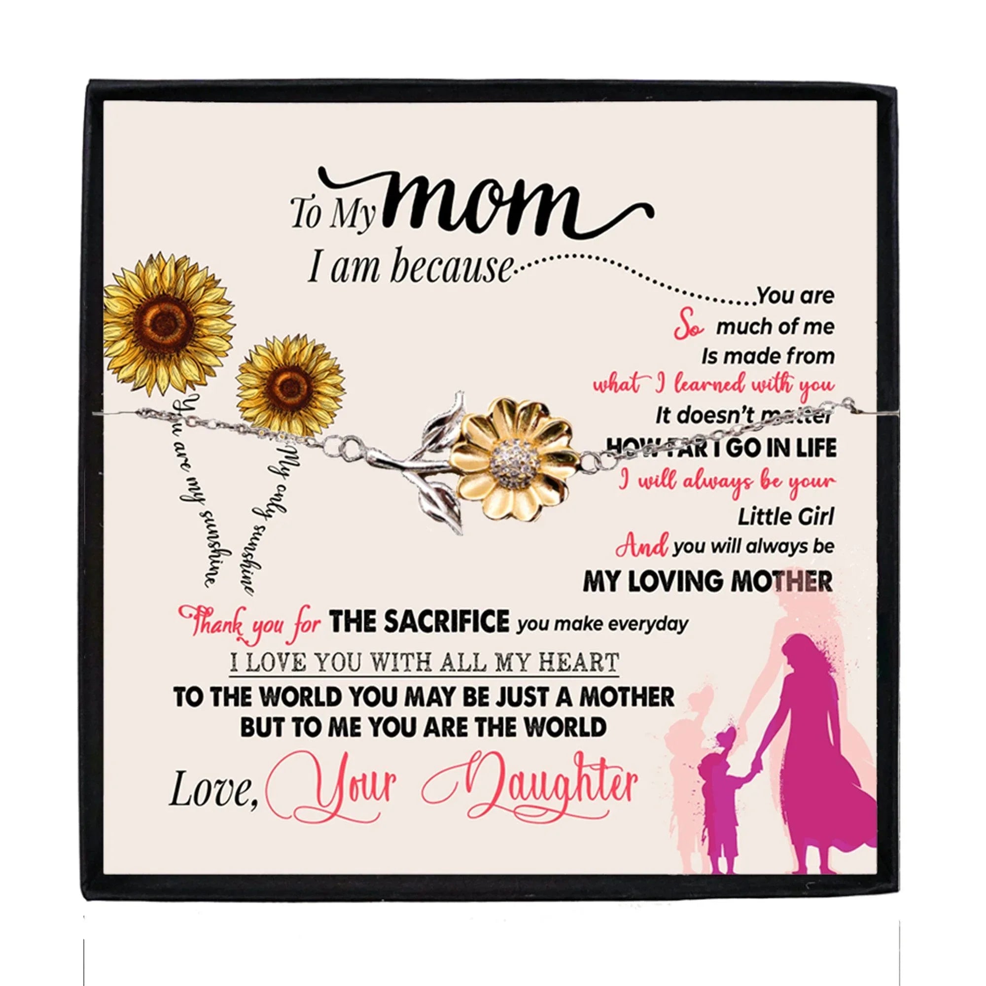 Sunflower Bracelet for Mom from Daughter –You Are The World - Sterling Silver with 18K Gold-Plated Petals – Sentimental Mother’s Day, Birthday, or Christmas Gift with Heartfelt Message Card
