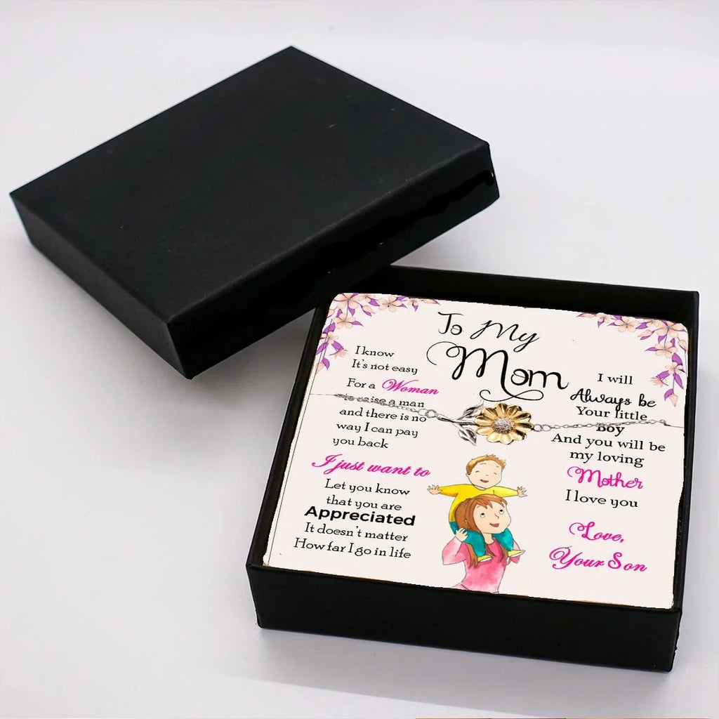 Sunflower Bracelet for Mom from Son – Sterling Silver with 18K Gold-Plated Petals – Sentimental Mother’s Day, Birthday, or Christmas Gift with Heartfelt Message Card