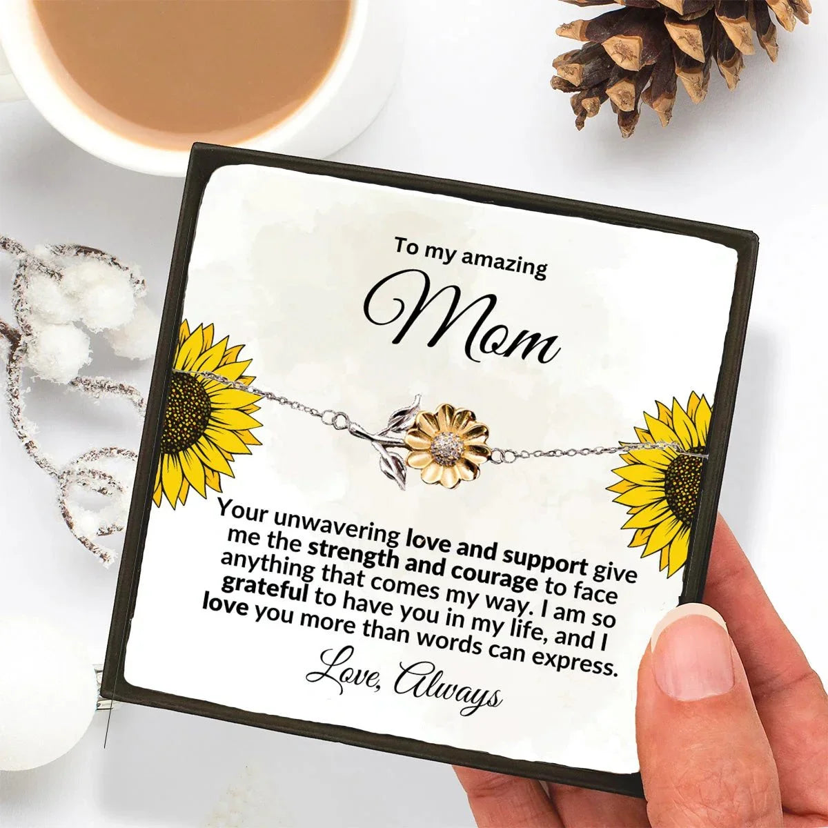 Mom Sunflower Bracelet – Sterling Silver with 18K Gold-Plated Petals – Meaningful Mother’s Day, Birthday, or Christmas Gift with Heartfelt Message Card