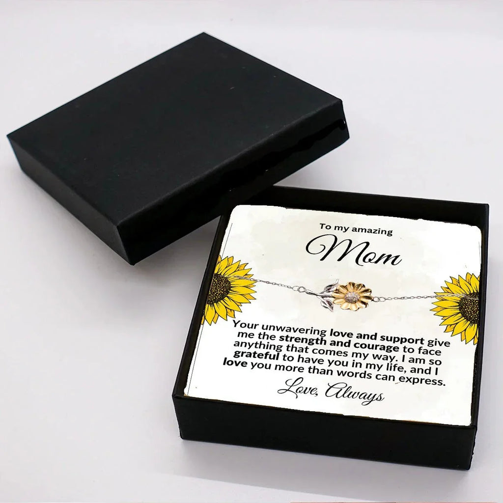 Mom Sunflower Bracelet – Sterling Silver with 18K Gold-Plated Petals – Meaningful Mother’s Day, Birthday, or Christmas Gift with Heartfelt Message Card