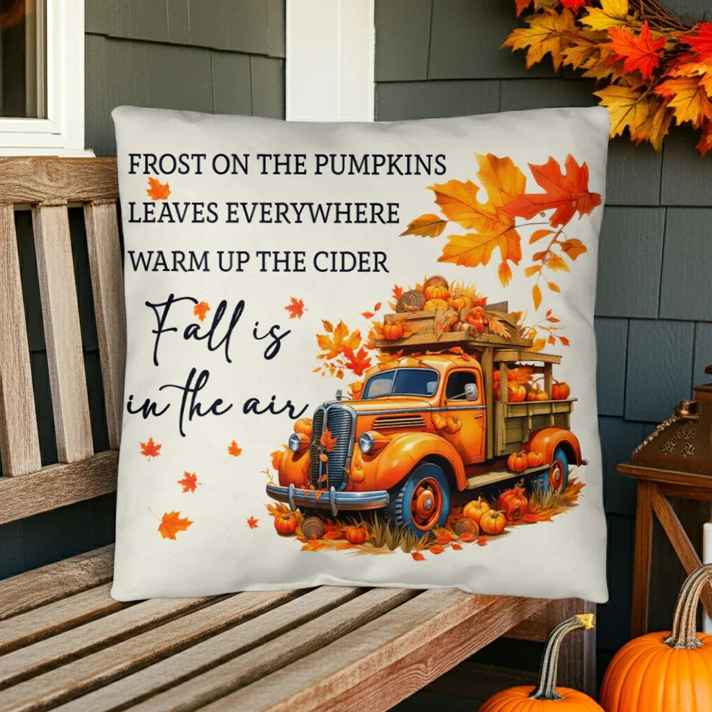 Fall Is in the Air Outdoor Pillow – Pumpkin Truck Autumn Decor – Waterproof, UV-Resistant Throw Pillow for Porch or Patio