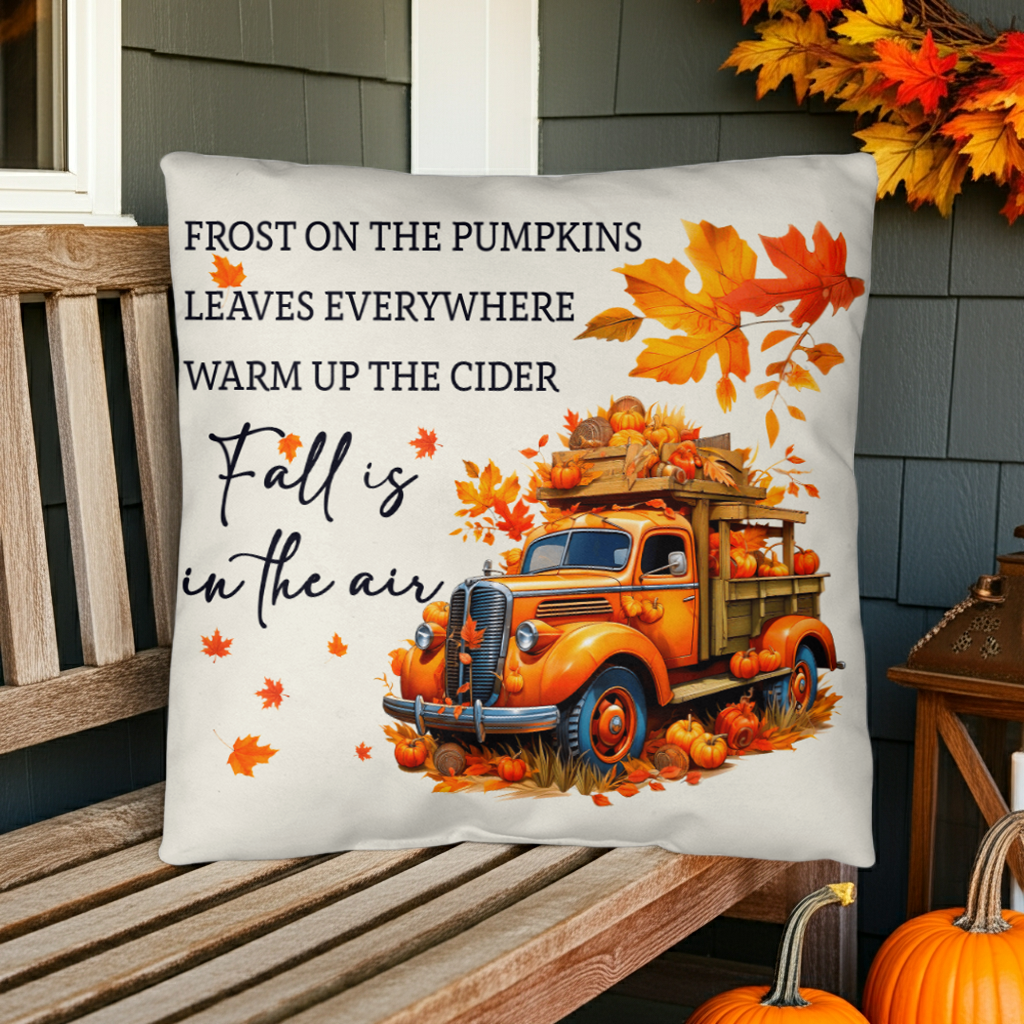 Fall Is in the Air Outdoor Pillow – Pumpkin Truck Autumn Decor – Waterproof, UV-Resistant Throw Pillow for Porch or Patio - Mallard Moon