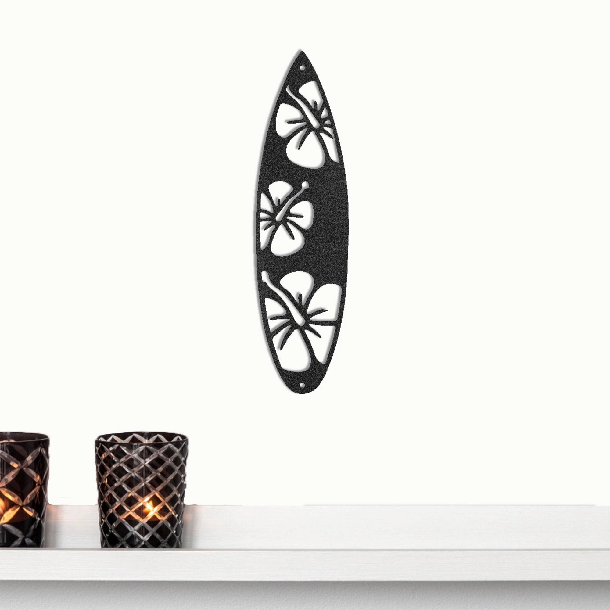 Surfboard Metal Wall Art – Coastal Beach Decor – Tropical Hibiscus Surfboard Wall Hanging – Outdoor Metal Wall Art