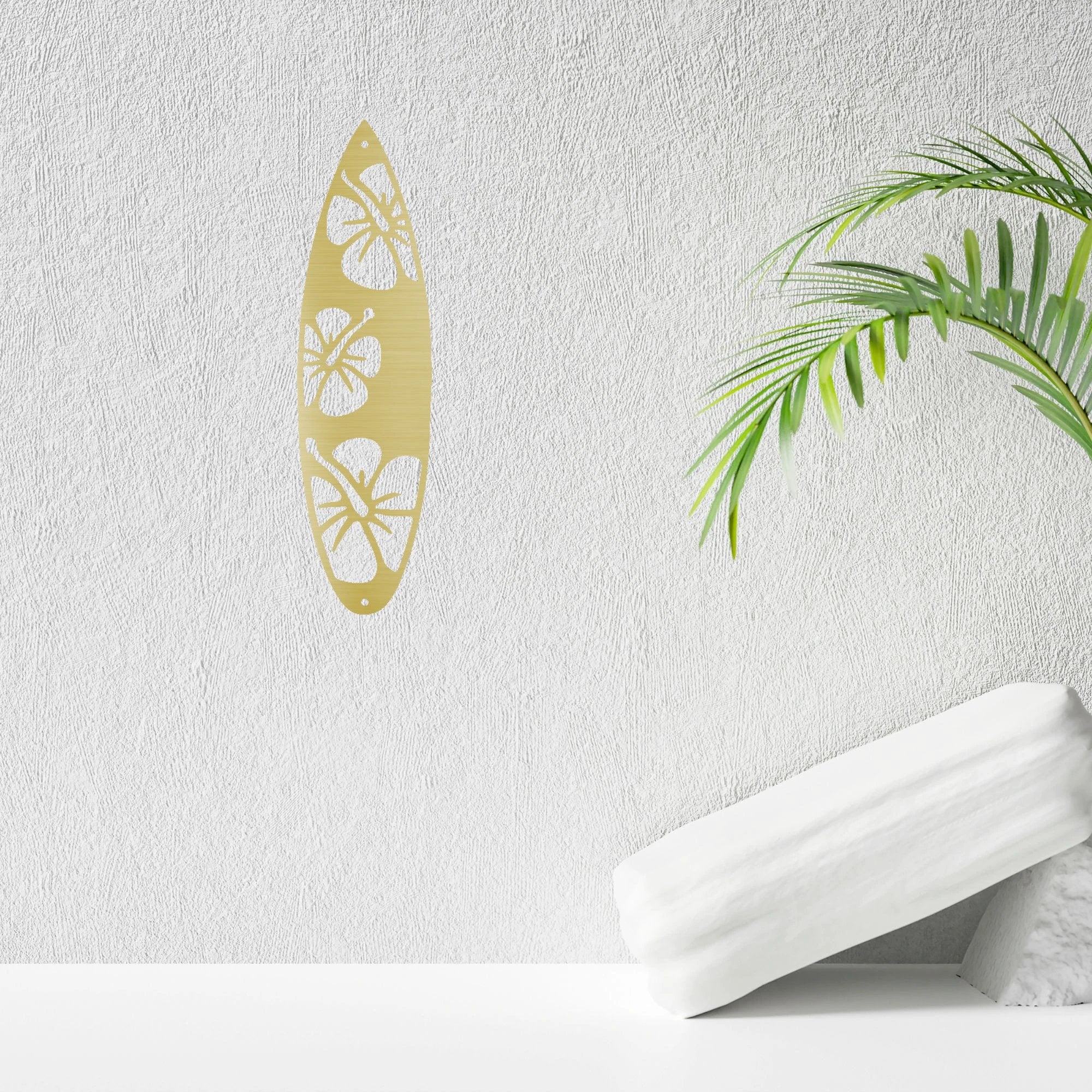 Surfboard Metal Wall Art – Coastal Beach Decor – Tropical Hibiscus Surfboard Wall Hanging – Outdoor Metal Wall Art