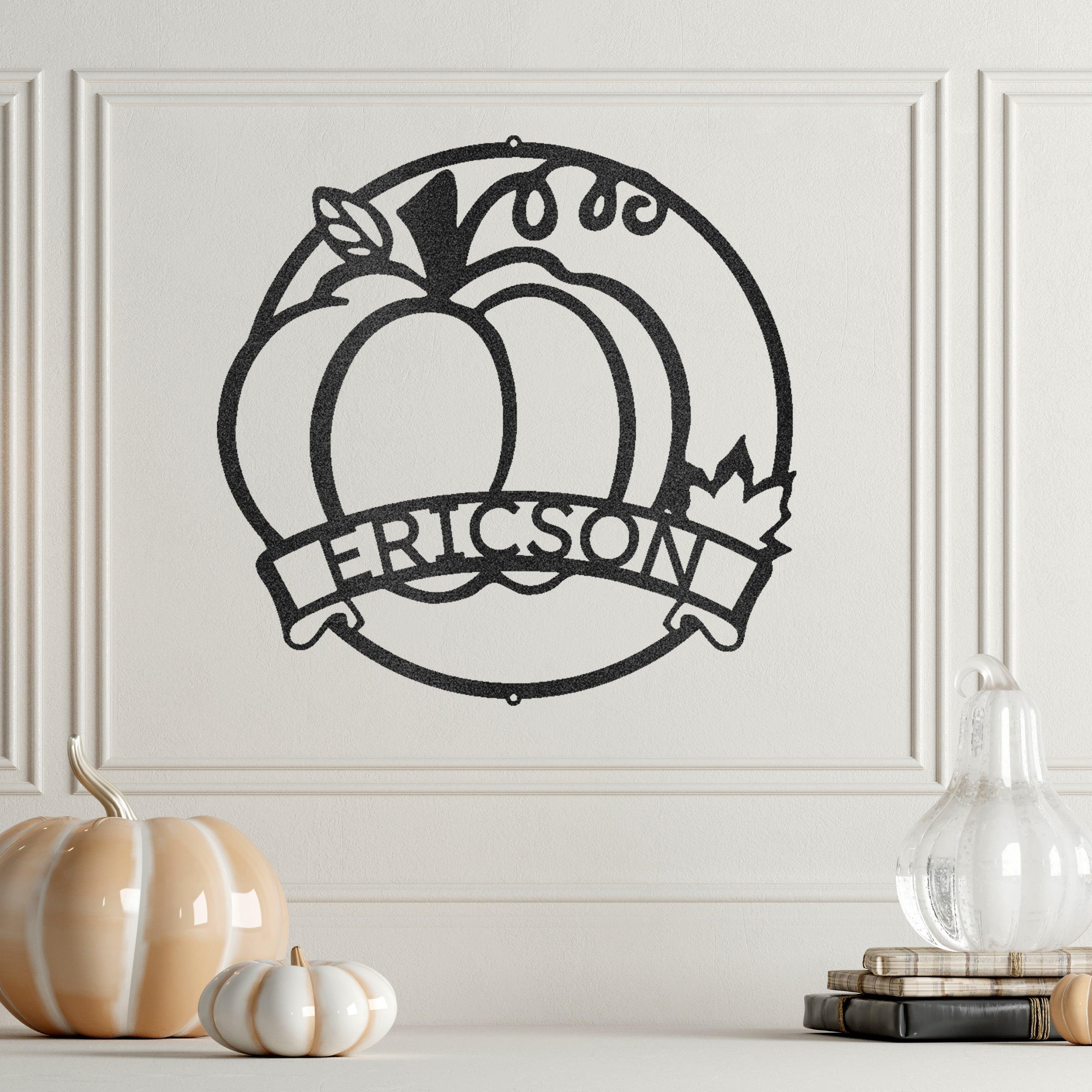 Fall Harvest Pumpkin Custom Monogram Family Name Indoor Outdoor Steel Wall Sign - Mallard Moon Gift Shop