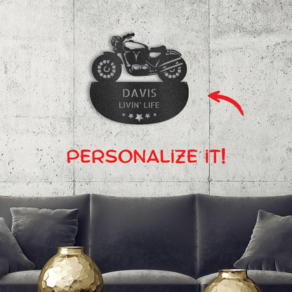 Personalized Motorcycle Metal Wall Sign – Custom Name Laser-Cut Steel Art for Indoors & Outdoors - Mallard Moon Gift Shop