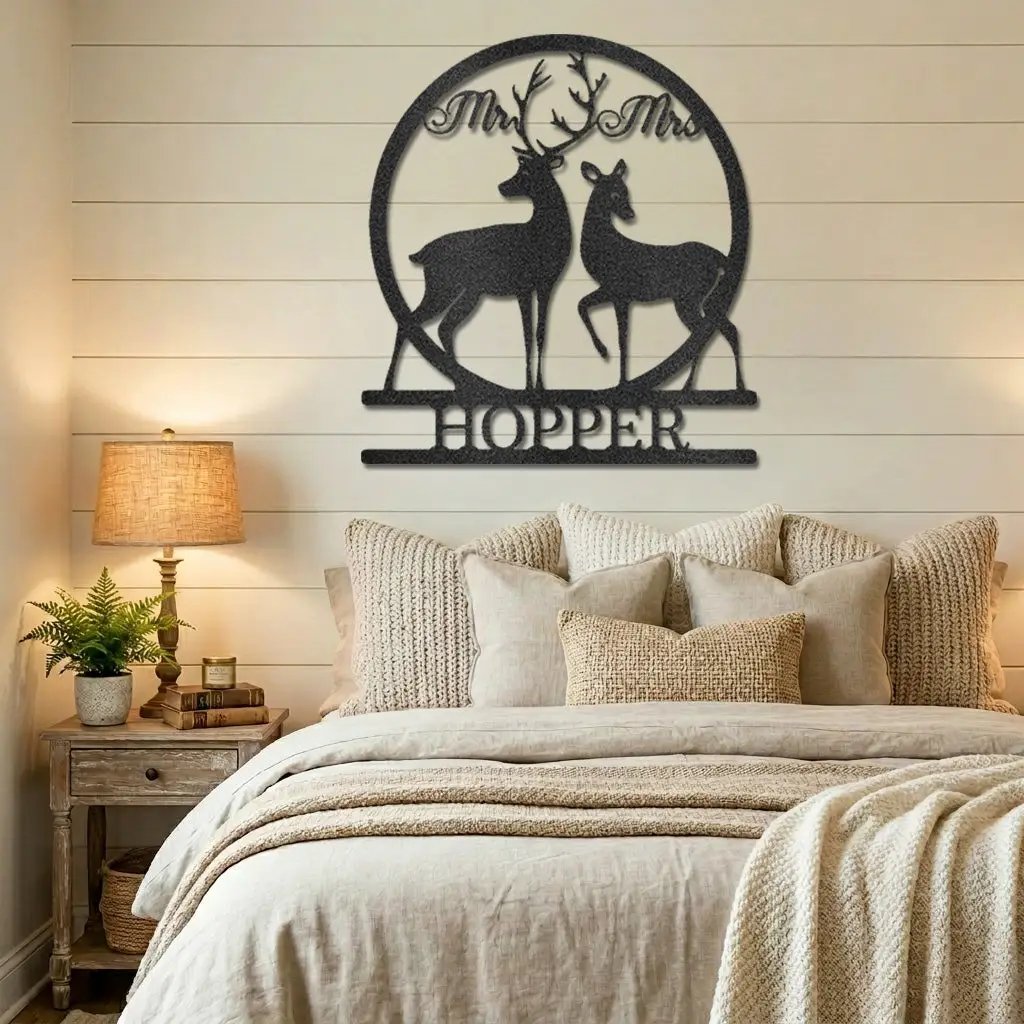 Personalized Mr & Mrs Deer Metal Sign – Custom Last Name Wedding Wall Art – Rustic Anniversary Gift for Couple