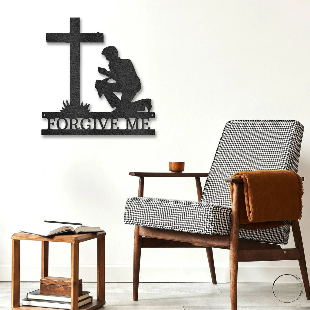 Praying Man Kneeling at Cross Spiritual Metal Art Wall Sign