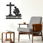 Praying Man Kneeling at Cross Spiritual Metal Art Wall Sign