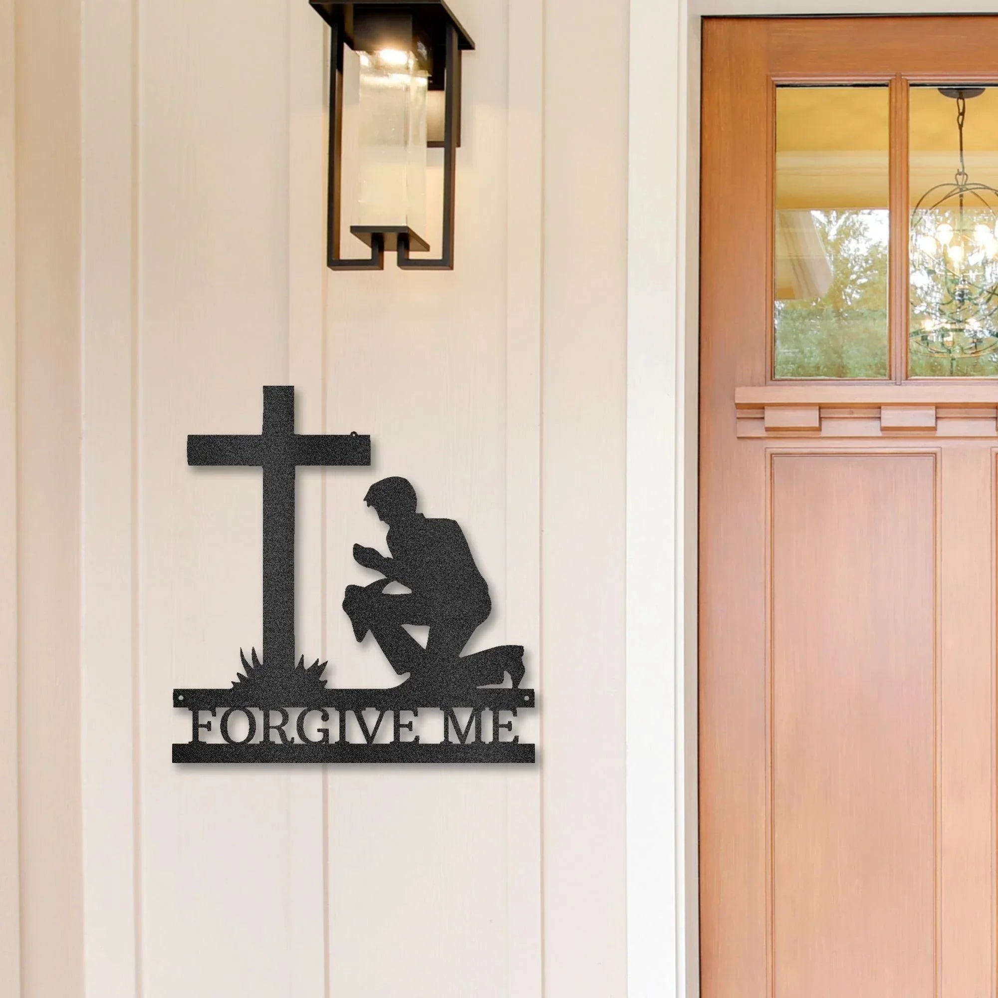 Praying Man Kneeling at Cross Spiritual Metal Art Wall Sign