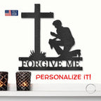 Praying Man Kneeling at Cross Spiritual Metal Art Wall Sign
