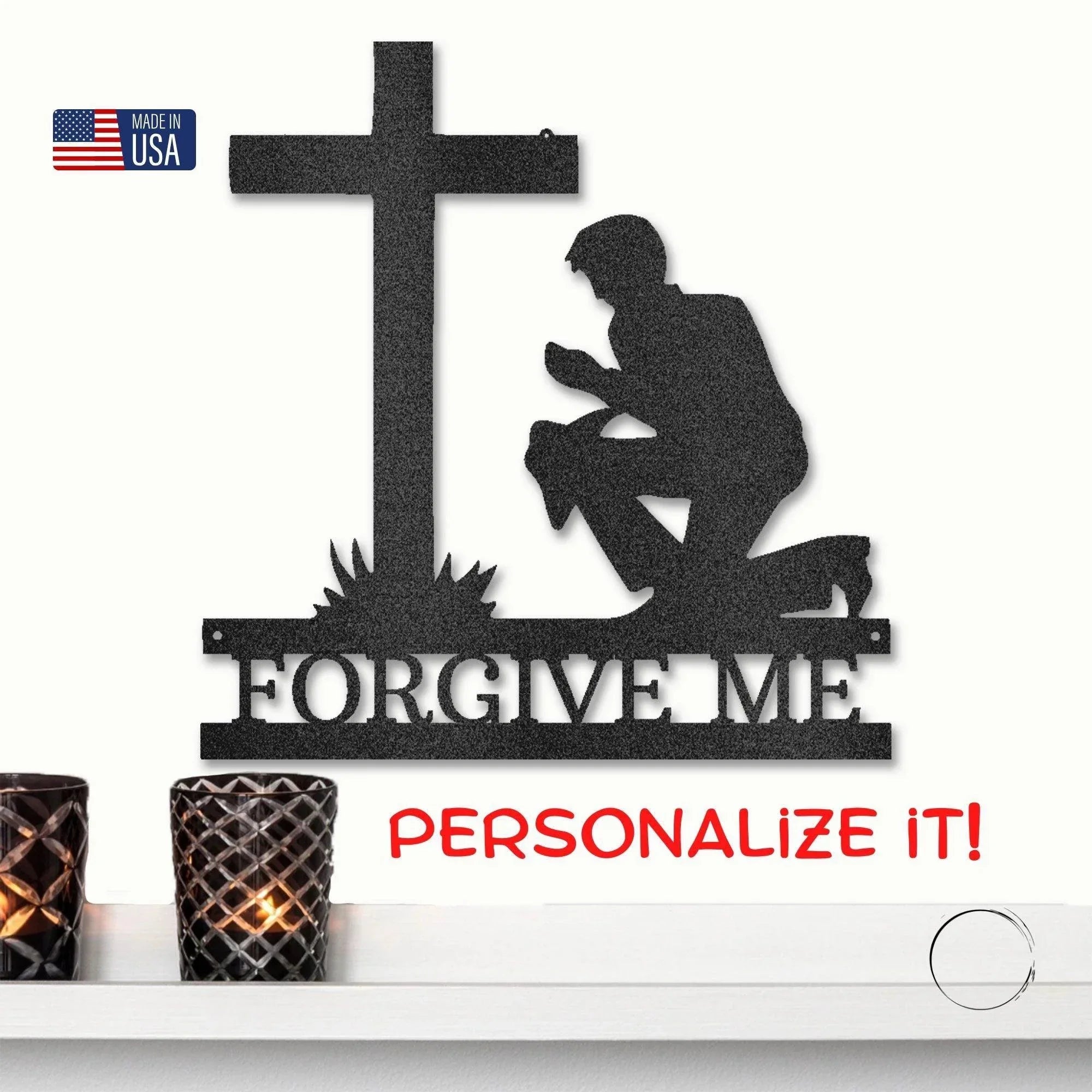 Praying Man Kneeling at Cross Spiritual Metal Art Wall Sign