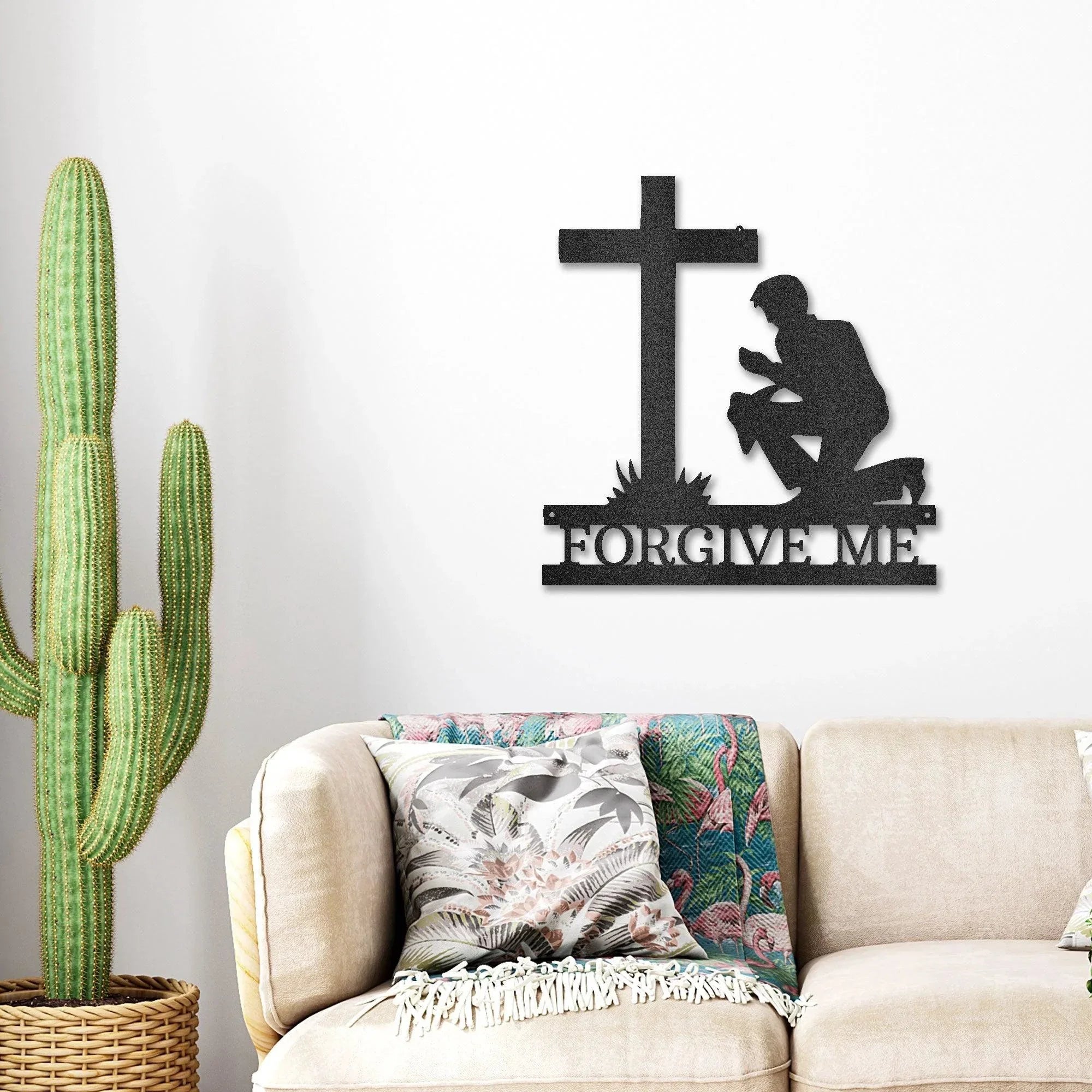 Praying Man Kneeling at Cross Spiritual Metal Art Wall Sign