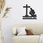 Praying Man Kneeling at Cross Spiritual Metal Art Wall Sign
