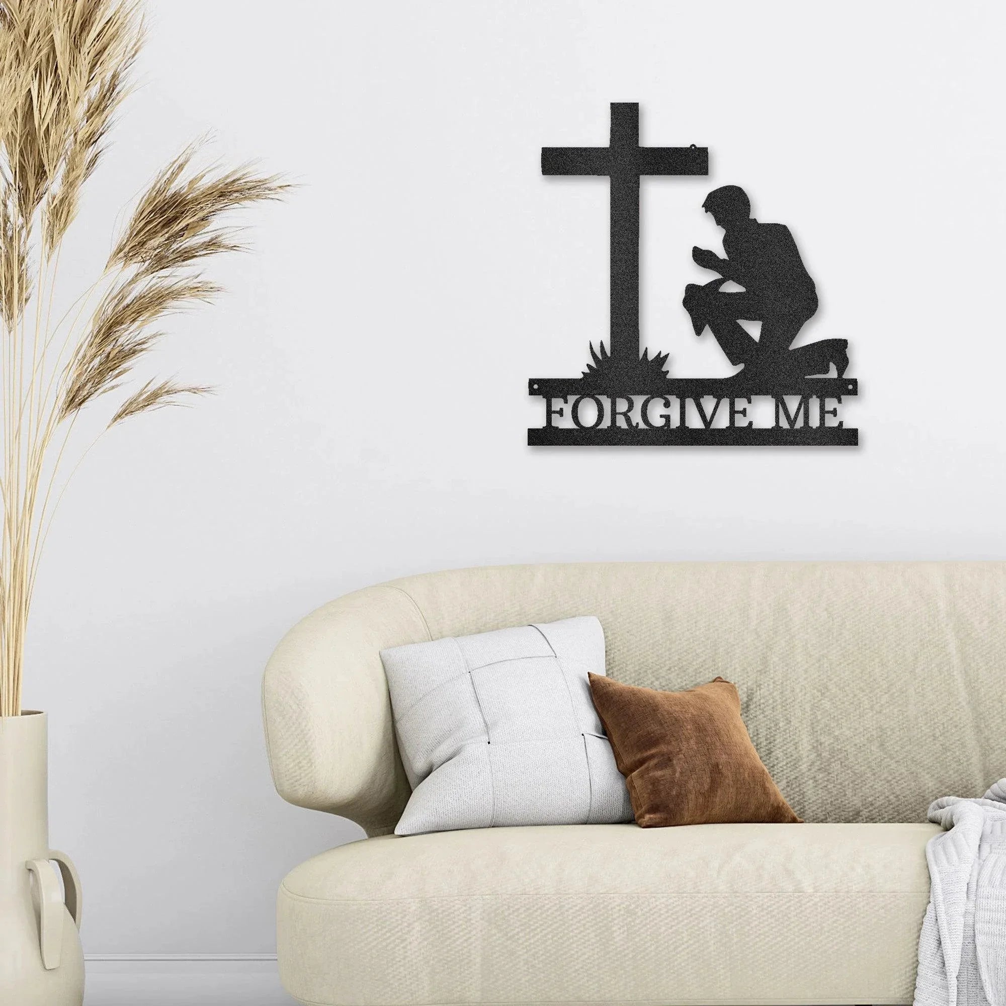 Praying Man Kneeling at Cross Spiritual Metal Art Wall Sign