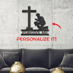 Praying Man Kneeling at Cross Spiritual Metal Art Wall Sign