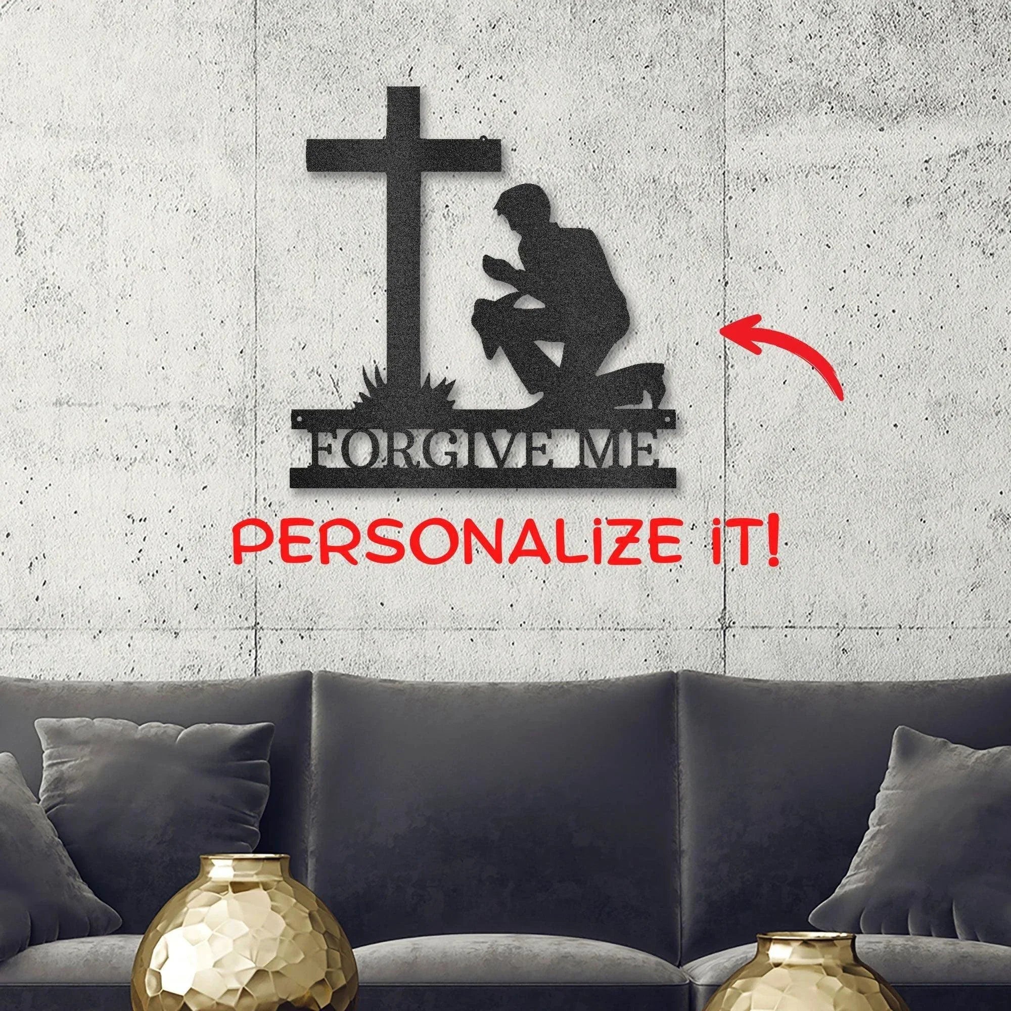 Praying Man Kneeling at Cross Spiritual Metal Art Wall Sign