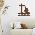 Praying Man Kneeling at Cross Spiritual Metal Art Wall Sign