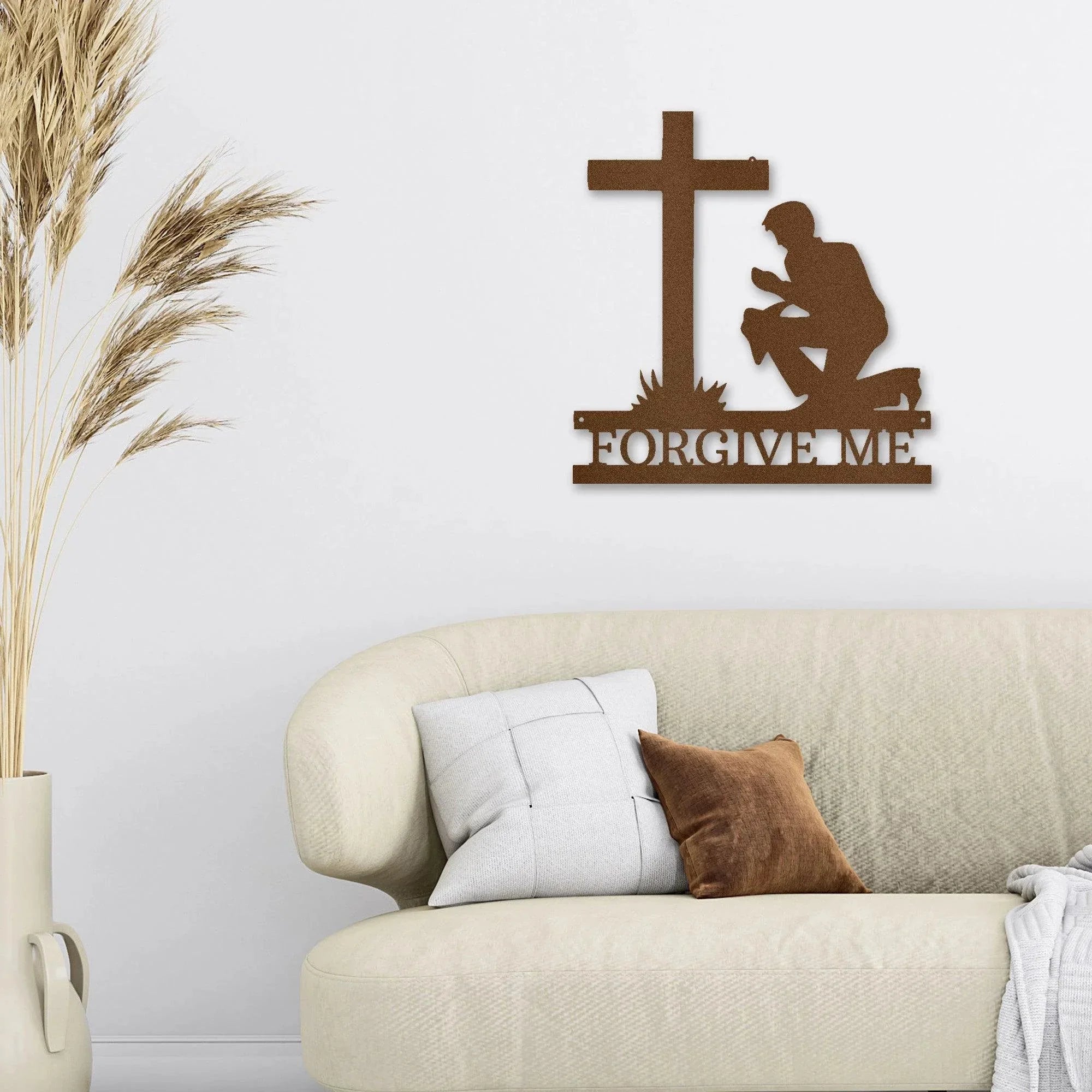Praying Man Kneeling at Cross Spiritual Metal Art Wall Sign