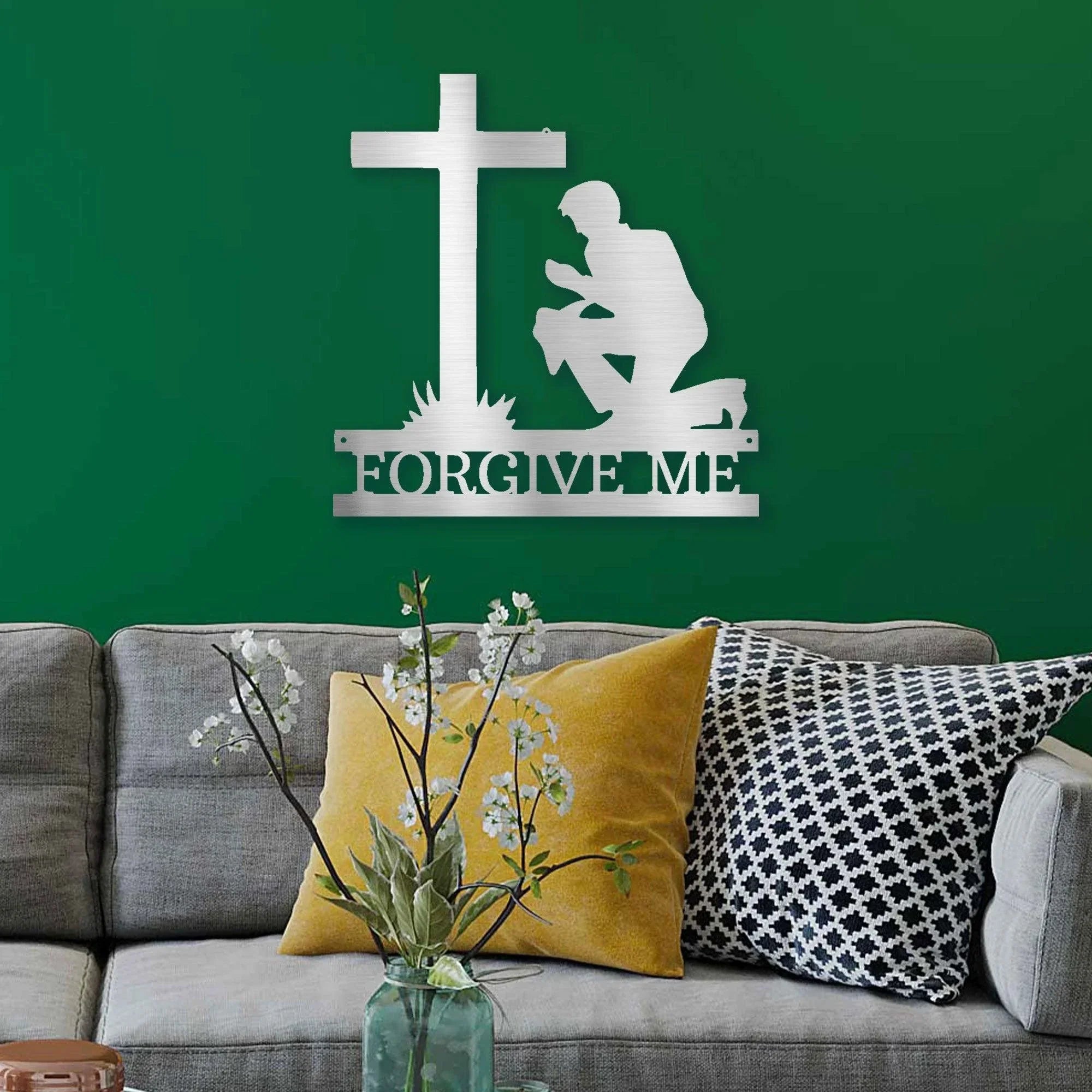 Praying Man Kneeling at Cross Spiritual Metal Art Wall Sign