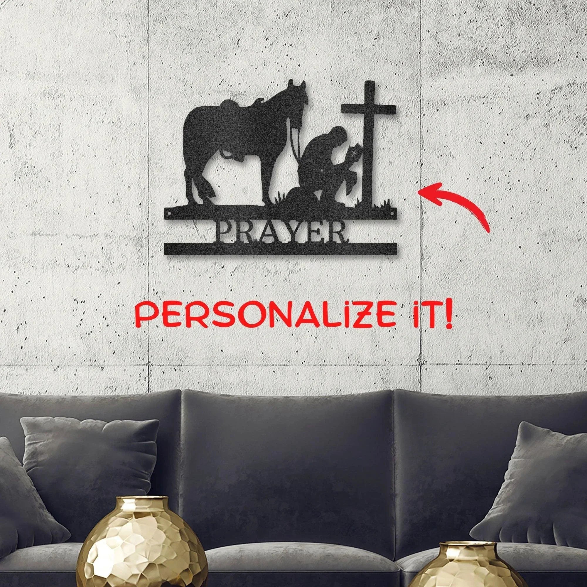 Praying Cowboy with Horse Kneeling at Cross Custom Name Metal Wall Art