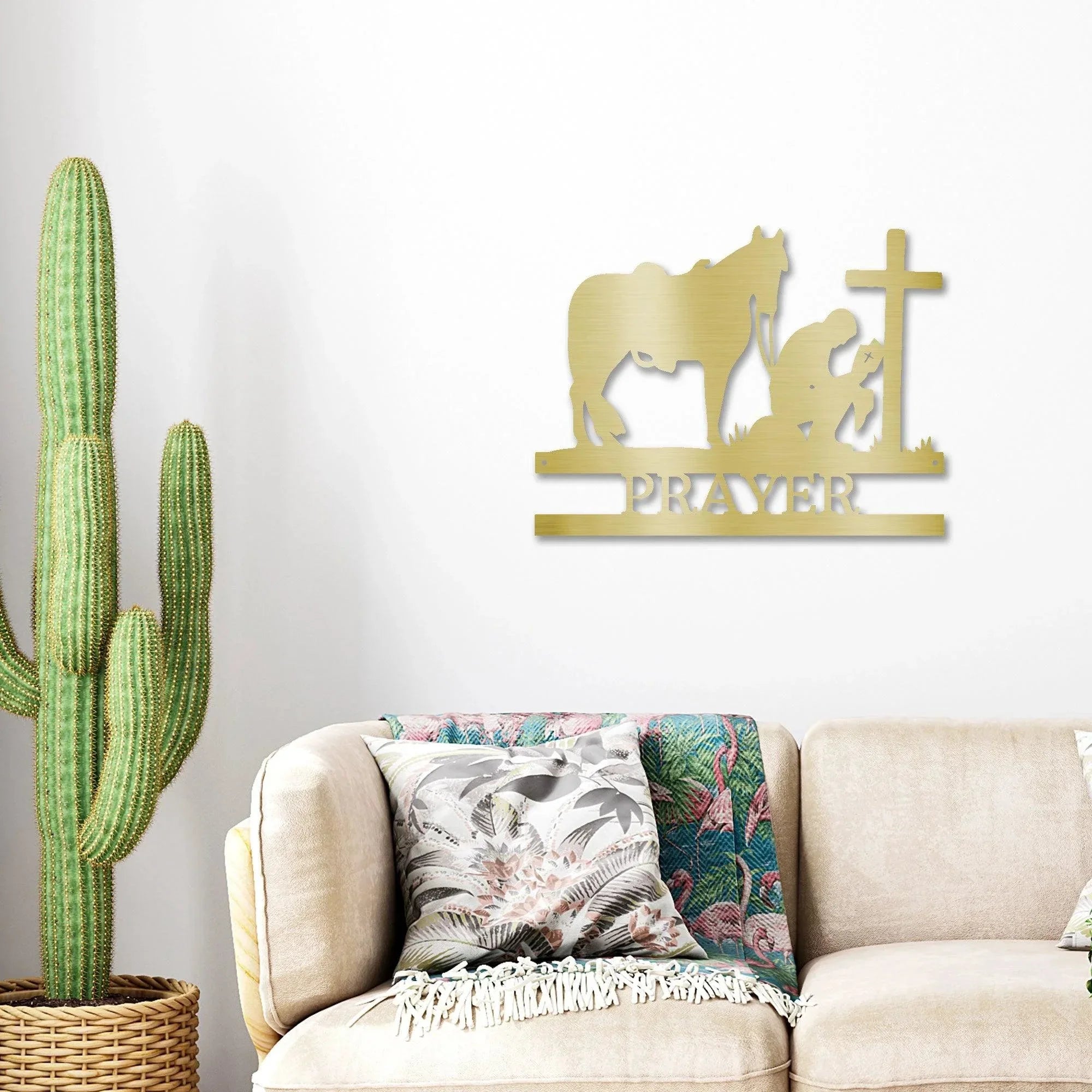 Praying Cowboy with Horse Kneeling at Cross Custom Name Metal Wall Art