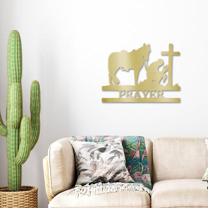 Praying Cowboy with Horse Kneeling at Cross Custom Name Metal Wall Art - Mallard Moon Gift Shop