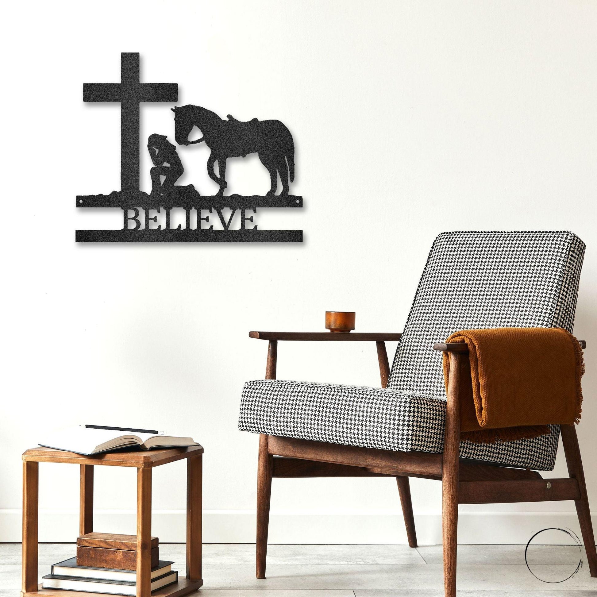Praying Cowgirl with Horse Kneeling at Cross Custom Name Metal Wall Art - Mallard Moon Gift Shop