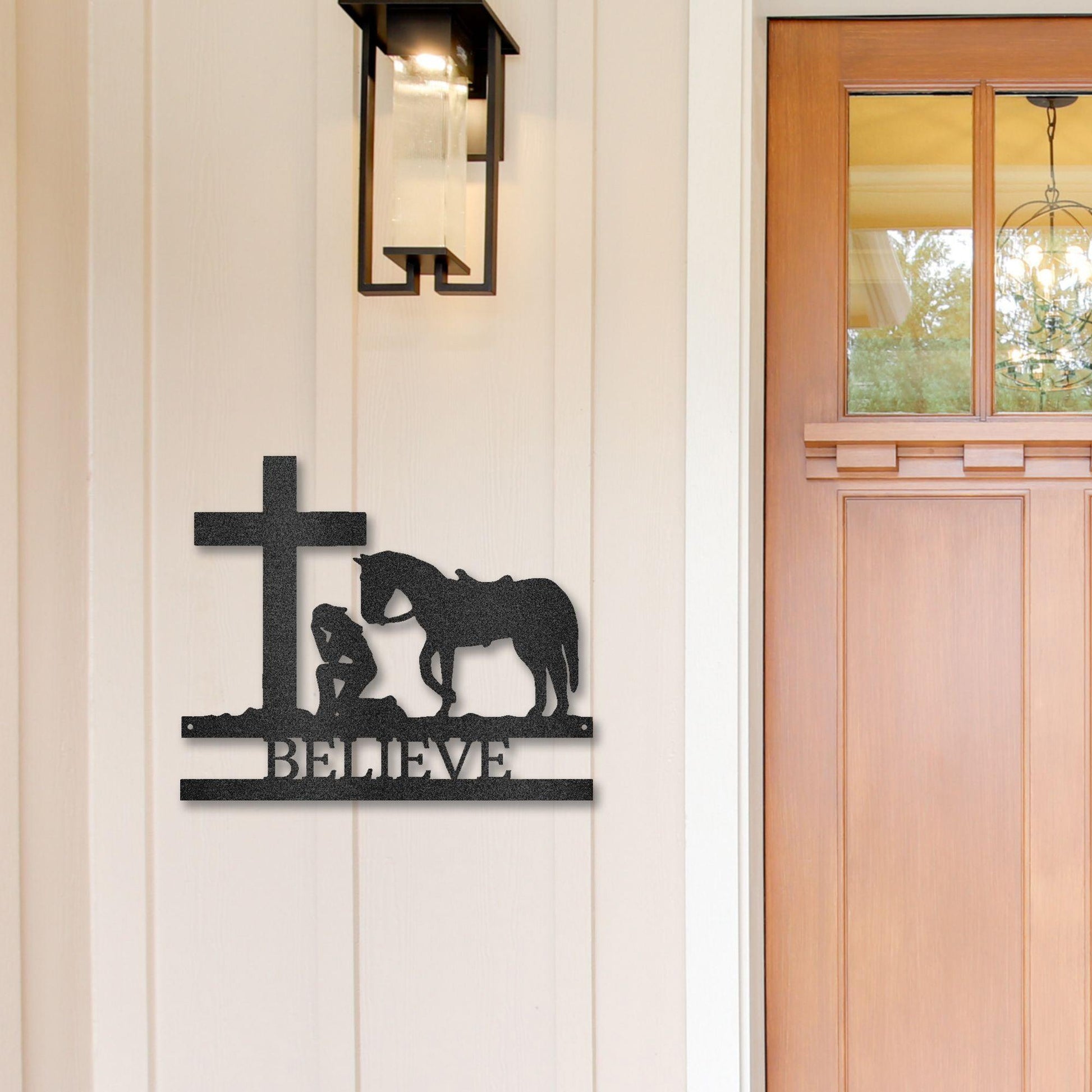 Praying Cowgirl with Horse Kneeling at Cross Custom Name Metal Wall Art - Mallard Moon Gift Shop