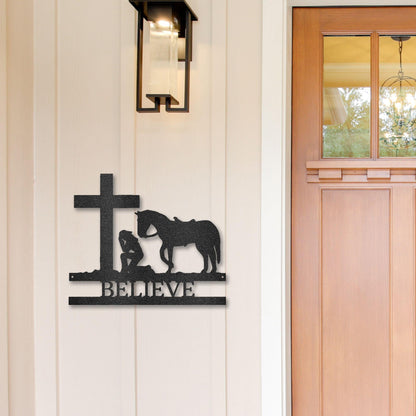 Praying Cowgirl with Horse Kneeling at Cross Custom Name Metal Wall Art - Mallard Moon Gift Shop