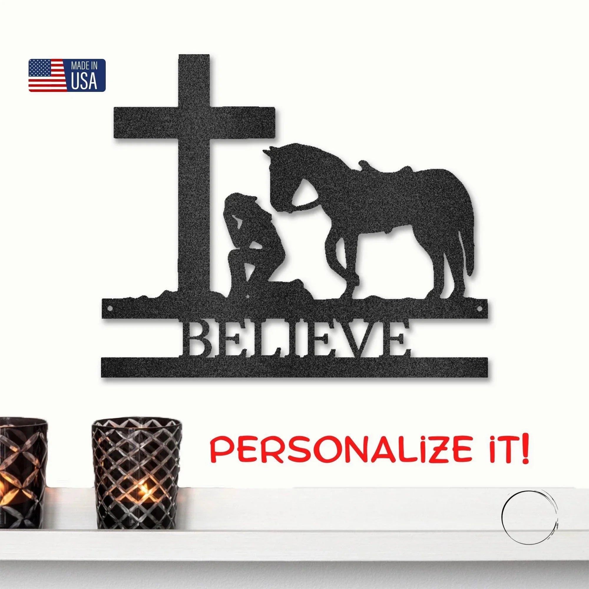 Praying Cowgirl with Horse Kneeling at Cross Custom Name Metal Wall Art