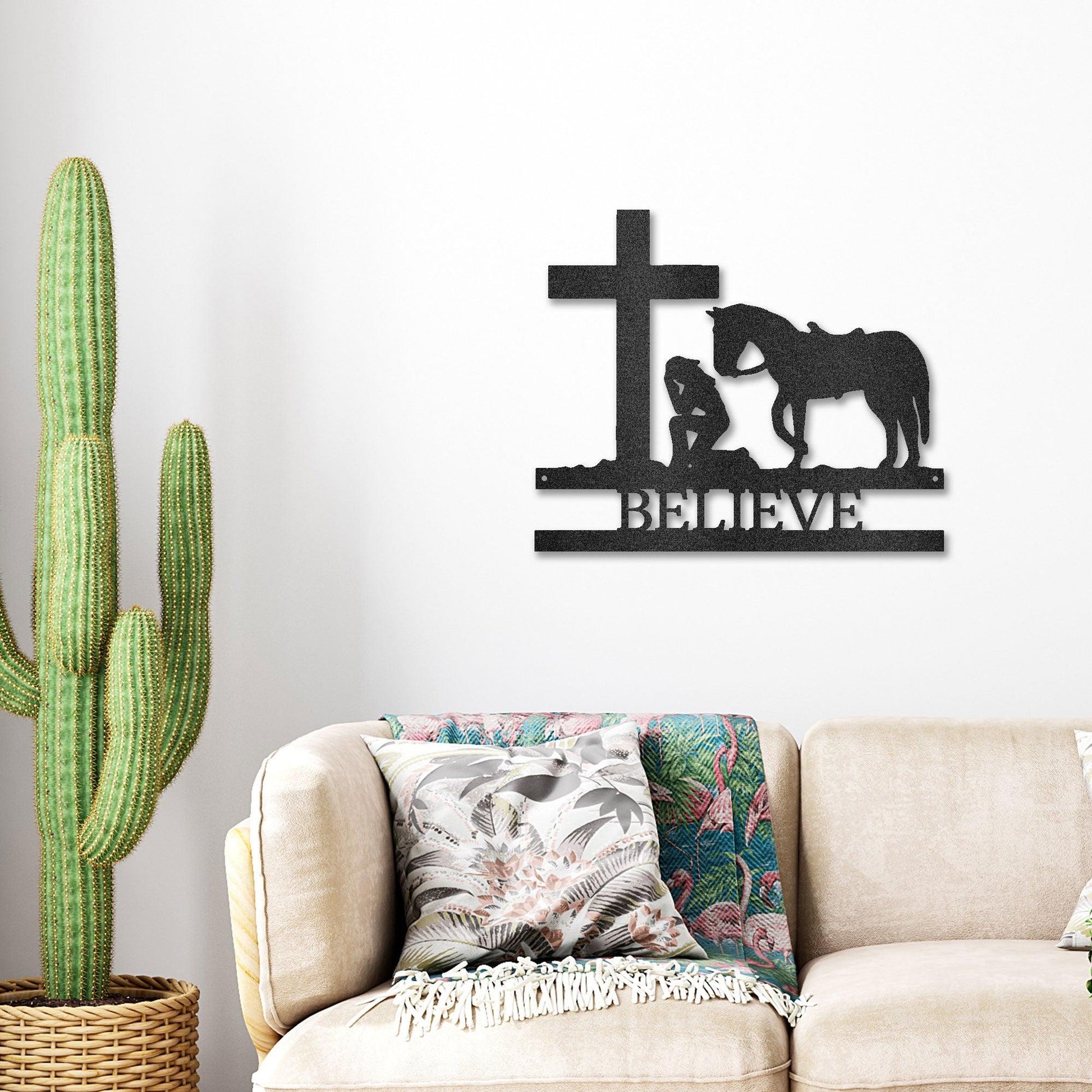 Praying Cowgirl with Horse Kneeling at Cross Custom Name Metal Wall Art - Mallard Moon Gift Shop