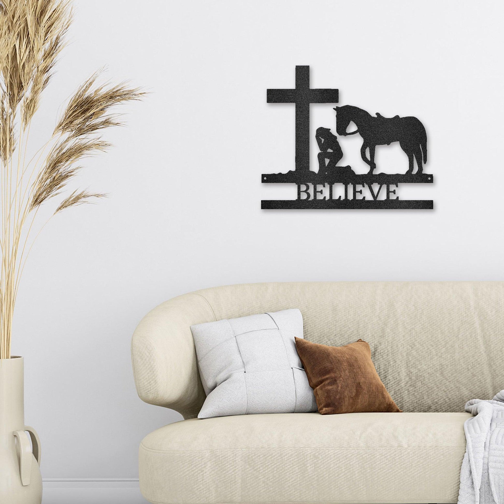 Praying Cowgirl with Horse Kneeling at Cross Custom Name Metal Wall Art - Mallard Moon Gift Shop