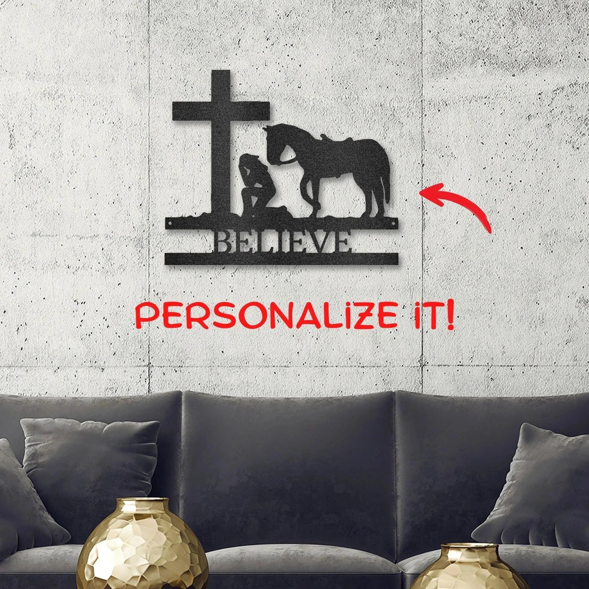 Praying Cowgirl with Horse Kneeling at Cross Custom Name Metal Wall Art