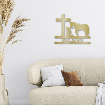 Praying Cowgirl with Horse Kneeling at Cross Custom Name Metal Wall Art - Mallard Moon Gift Shop
