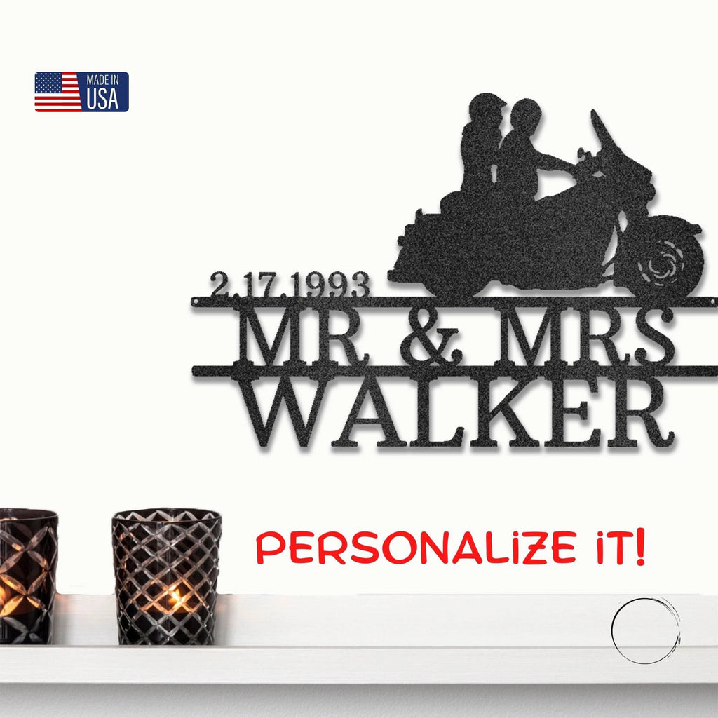 Personalized Motorcycle Couple Metal Sign – Mr & Mrs Custom Name Sign – Biker Wedding Gift – Anniversary Metal Wall Art