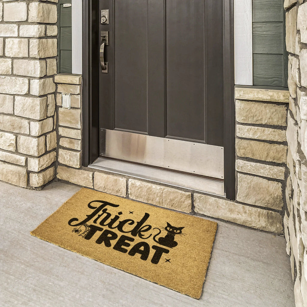 Trick or Treat Coir Doormat – Cute Black Cat Halloween Welcome Mat | Spooky Front Porch Decor | Rustic Fall Entryway Rug