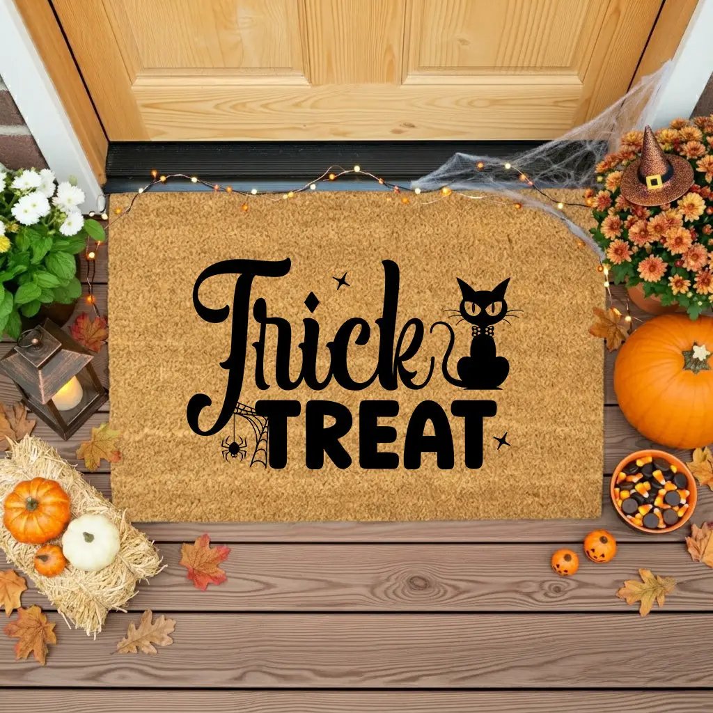 Trick or Treat Coir Doormat – Cute Black Cat Halloween Welcome Mat | Spooky Front Porch Decor | Rustic Fall Entryway Rug