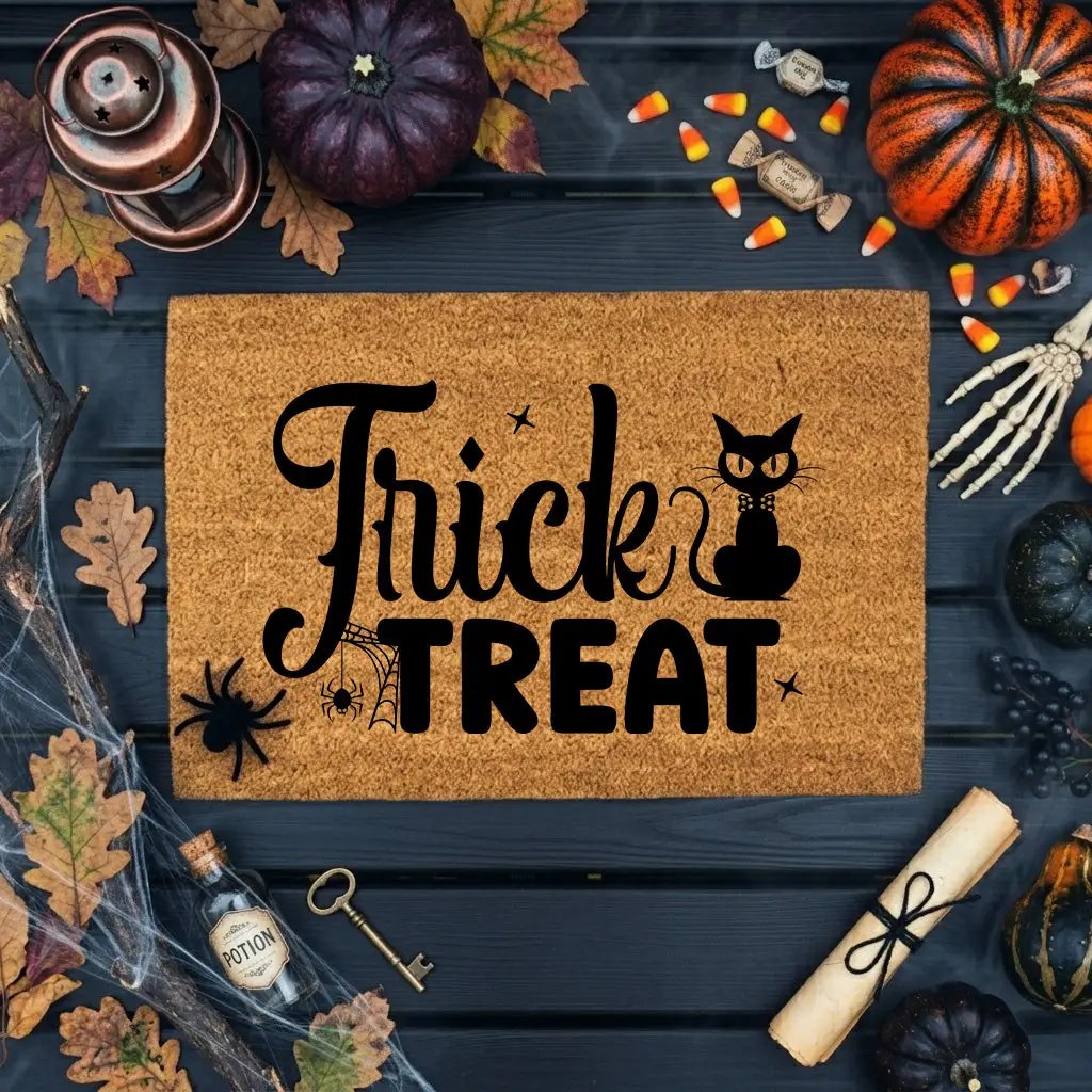 Trick or Treat Coir Doormat – Cute Black Cat Halloween Welcome Mat | Spooky Front Porch Decor | Rustic Fall Entryway Rug