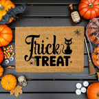 Trick or Treat Coir Doormat – Cute Black Cat Halloween Welcome Mat | Spooky Front Porch Decor | Rustic Fall Entryway Rug